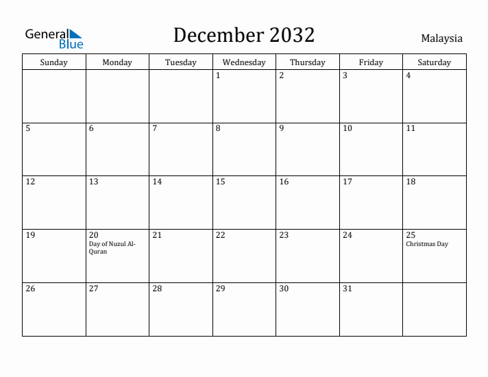 December 2032 Calendar Malaysia