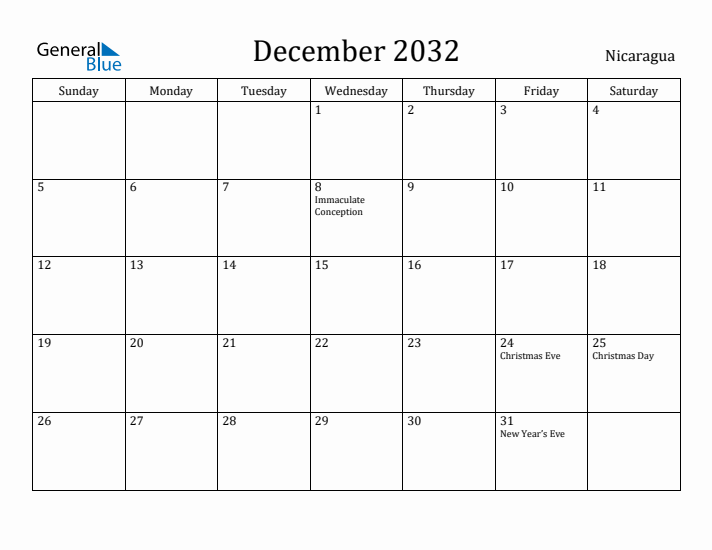December 2032 Calendar Nicaragua