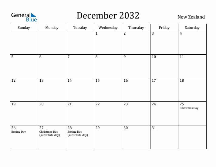 December 2032 Calendar New Zealand