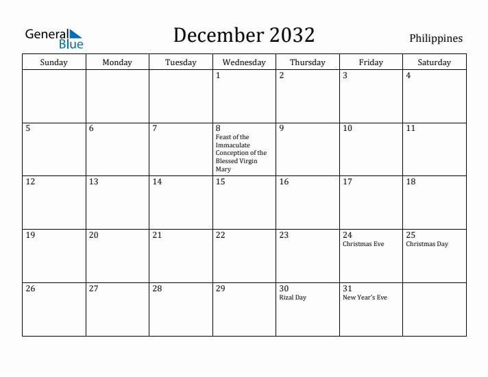December 2032 Calendar Philippines