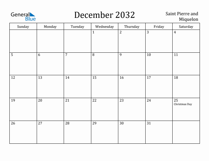 December 2032 Calendar Saint Pierre and Miquelon