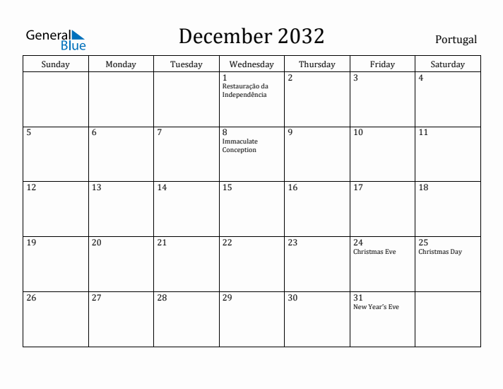 December 2032 Calendar Portugal