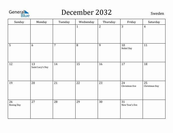 December 2032 Calendar Sweden