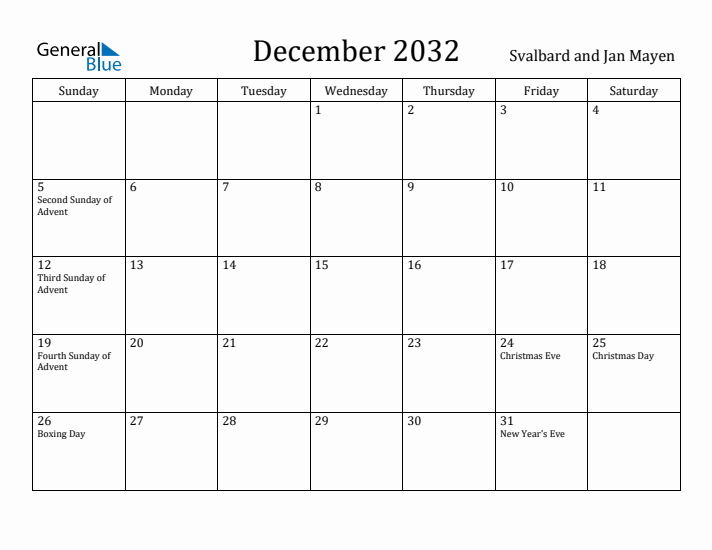 December 2032 Calendar Svalbard and Jan Mayen