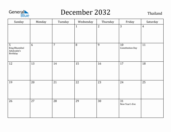 December 2032 Calendar Thailand