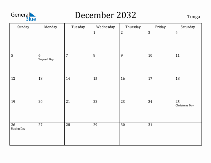 December 2032 Calendar Tonga