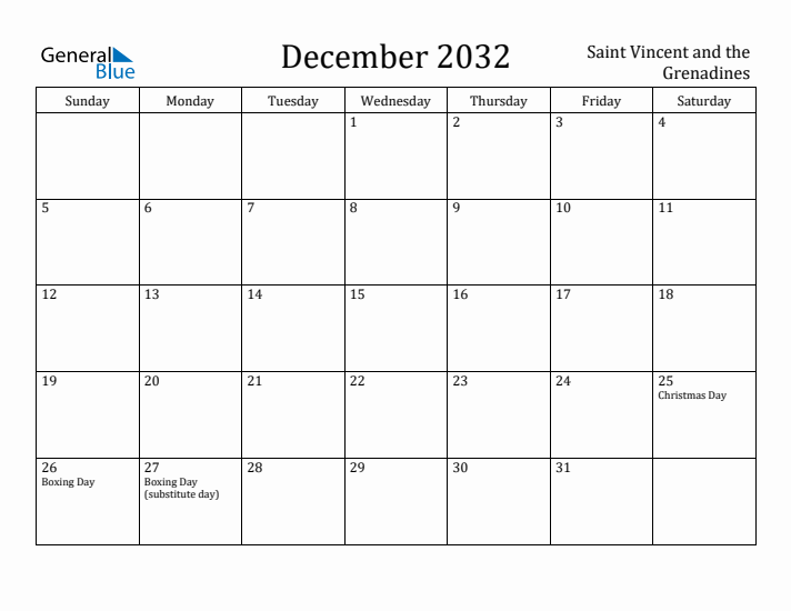 December 2032 Calendar Saint Vincent and the Grenadines