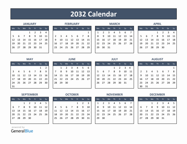 Basic Annual Calendar for Year 2032