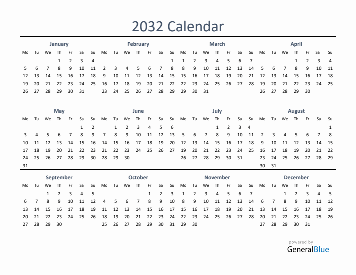 One-Page Yearly Calendar 2032 in PDF, Excel, Word