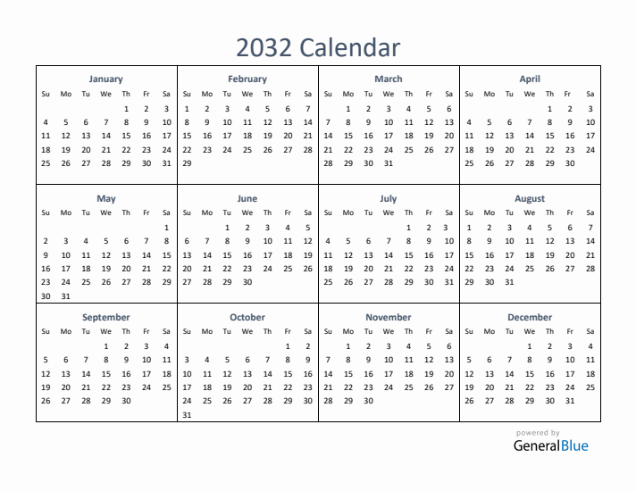 One-Page Yearly Calendar 2032 in PDF, Excel, Word