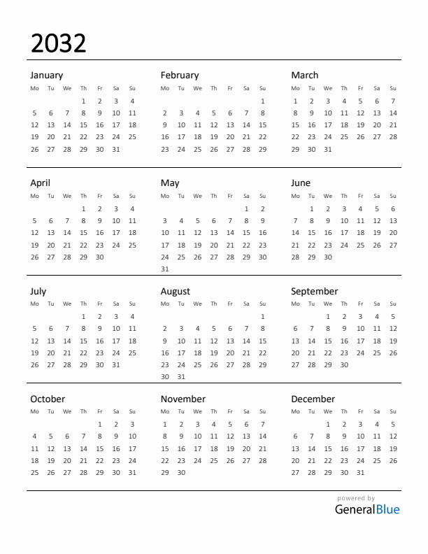 Printable Calendar for 2032