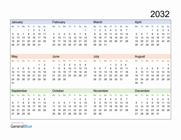 Free Downloadable 2032 Yearly Calendar Template