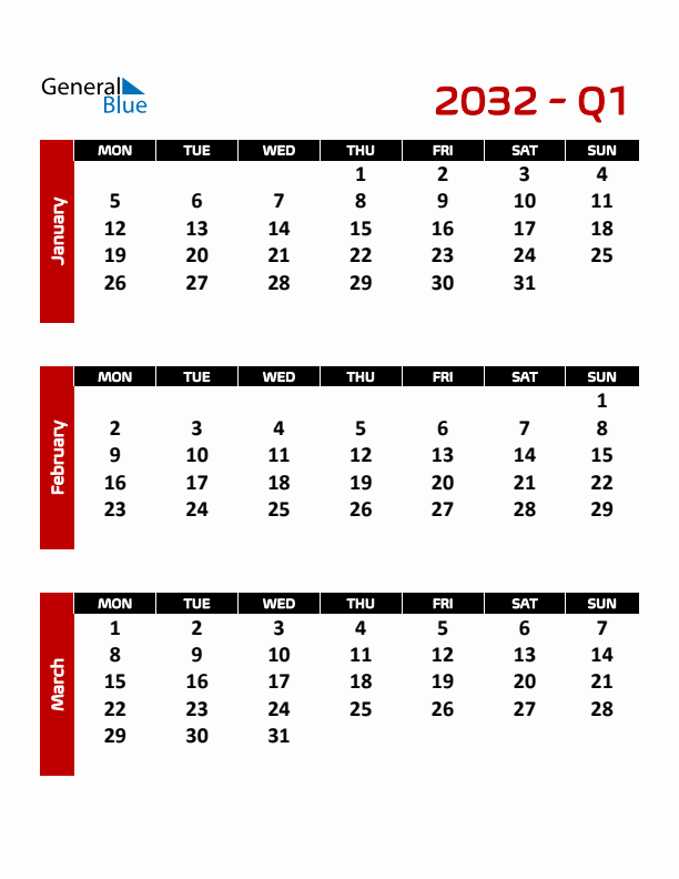 Editable Quarterly Calendar (Monday Start)