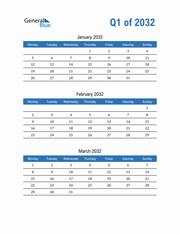 Fillable Quarterly Calendar for Q1 2032