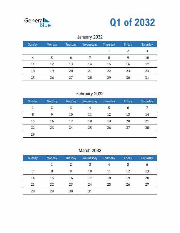 Fillable Quarterly Calendar for Q1 2032