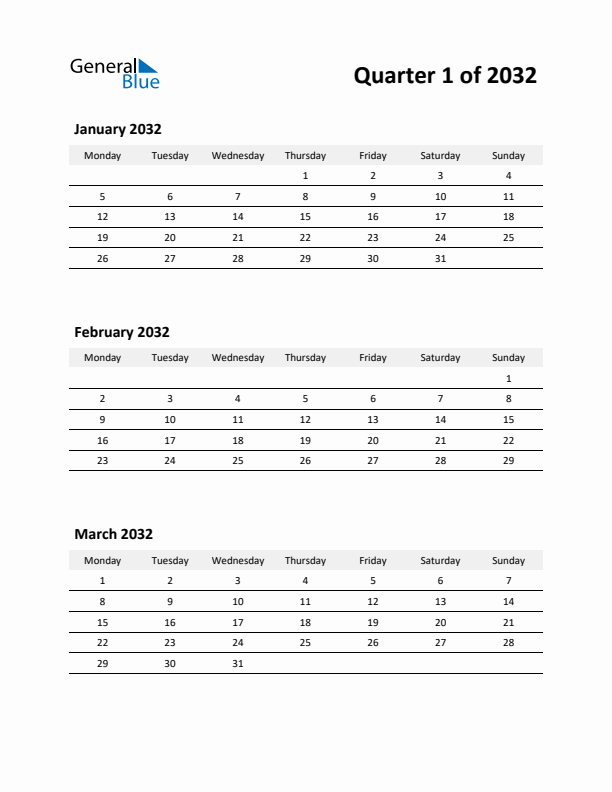 2032 Three-Month Calendar (Quarter 1)