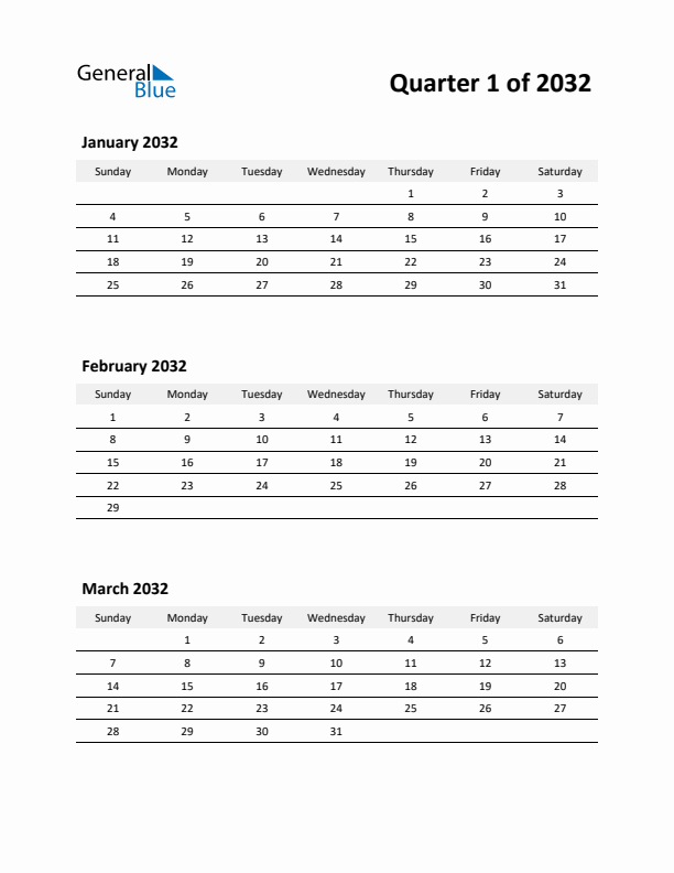 2032 Three-Month Calendar (Quarter 1)