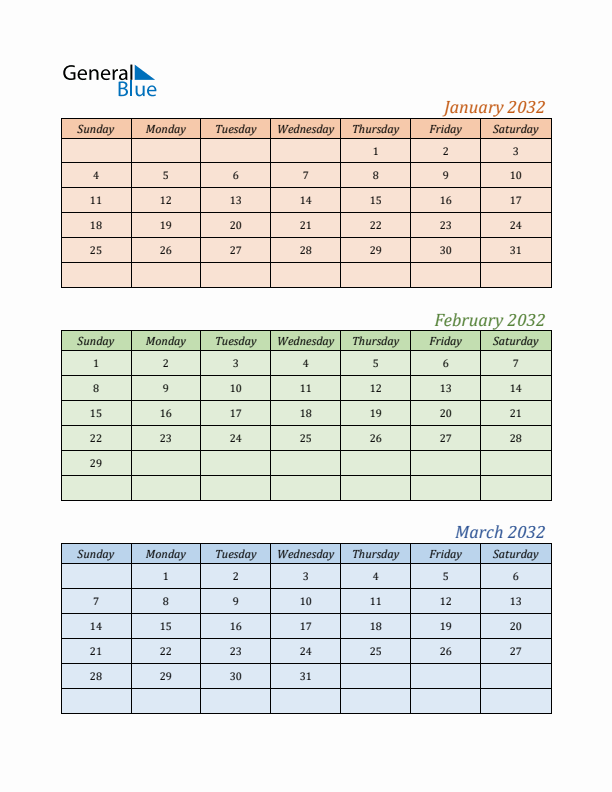 Three-Month Calendar for Year 2032 (January, February, and March)
