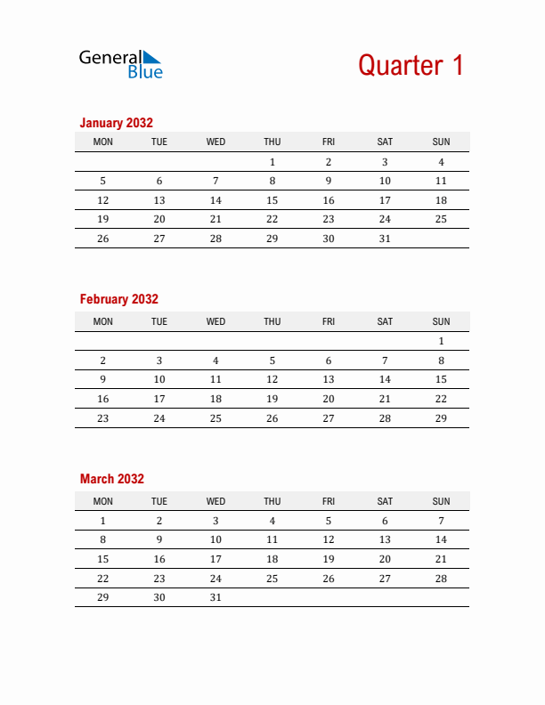 Three-Month Printable Calendar 2032