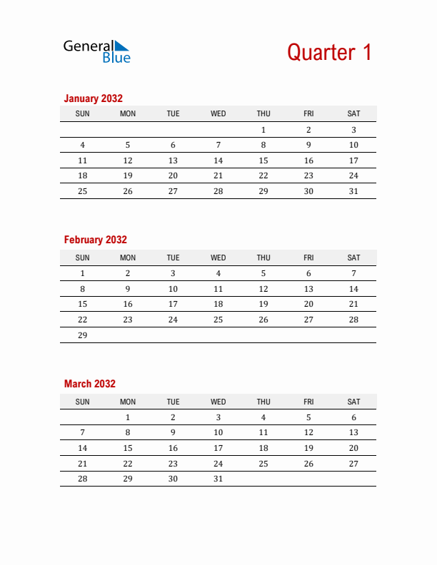 Three-Month Printable Calendar 2032
