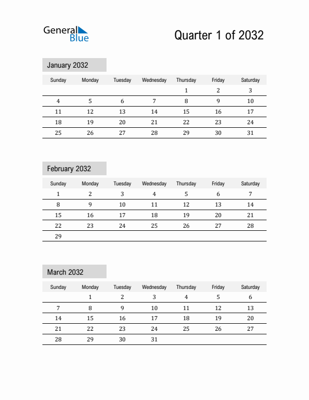 January, February, and March Calendar 2032