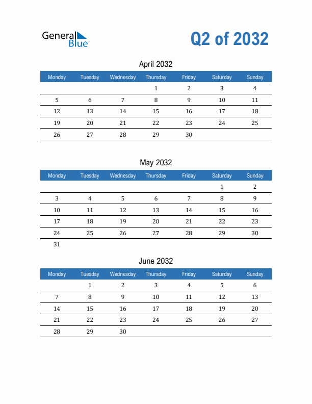 Fillable Quarterly Calendar for Q2 2032