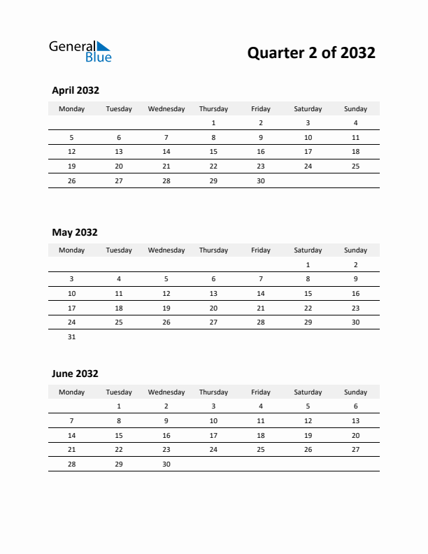 2032 Three-Month Calendar (Quarter 2)