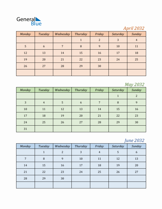 Three-Month Calendar for Year 2032 (April, May, and June)