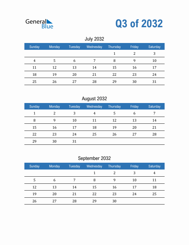 Fillable Quarterly Calendar for Q3 2032