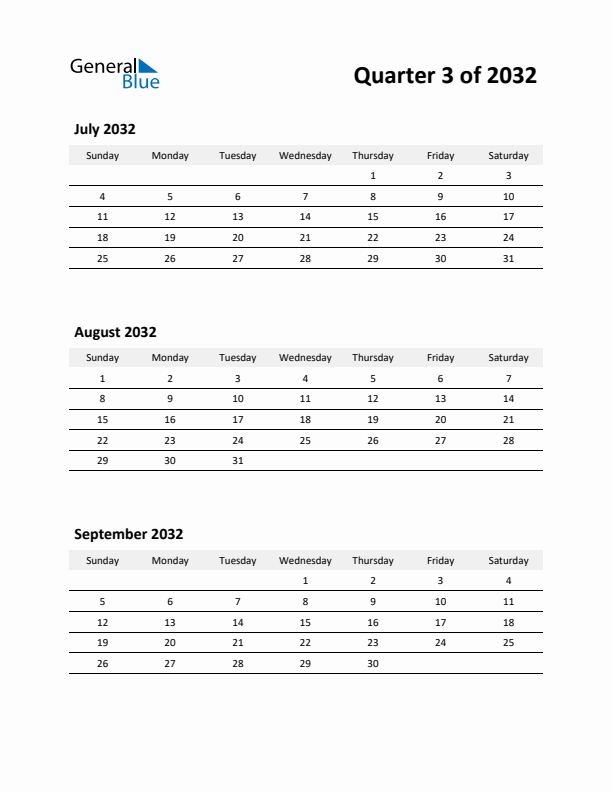 2032 Three-Month Calendar (Quarter 3)