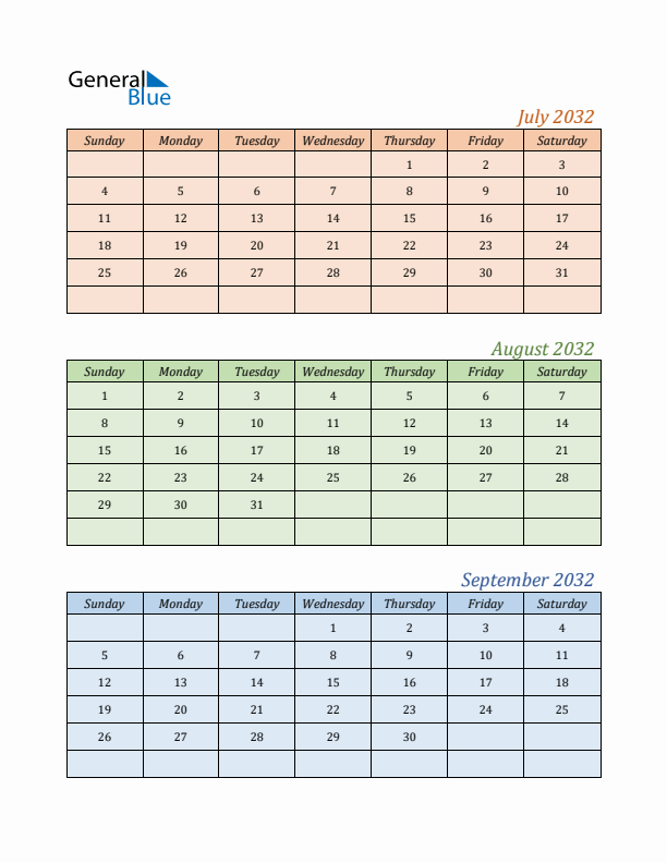 Three-Month Calendar for Year 2032 (July, August, and September)