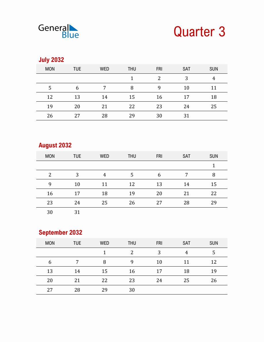 Quarter 3 2032 Calendar Printable (PDF, Word, Excel) - Monday Start