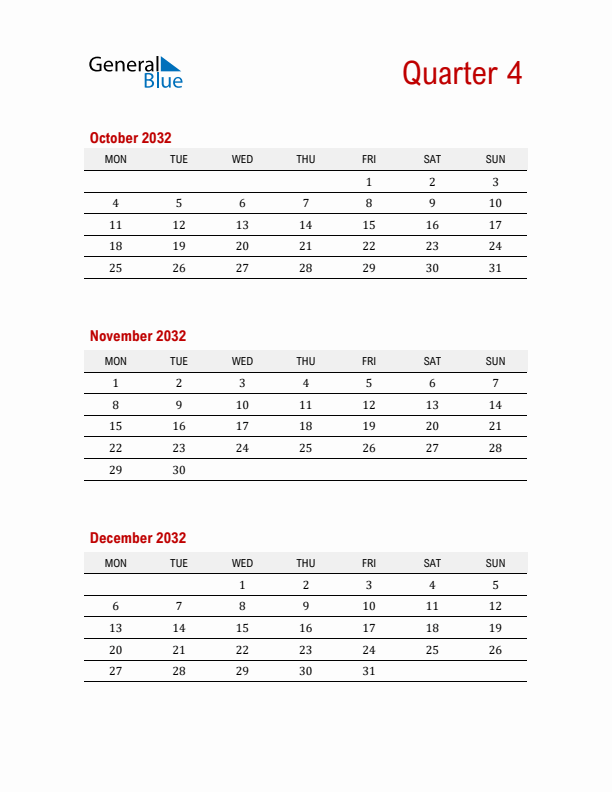 Three-Month Printable Calendar 2032