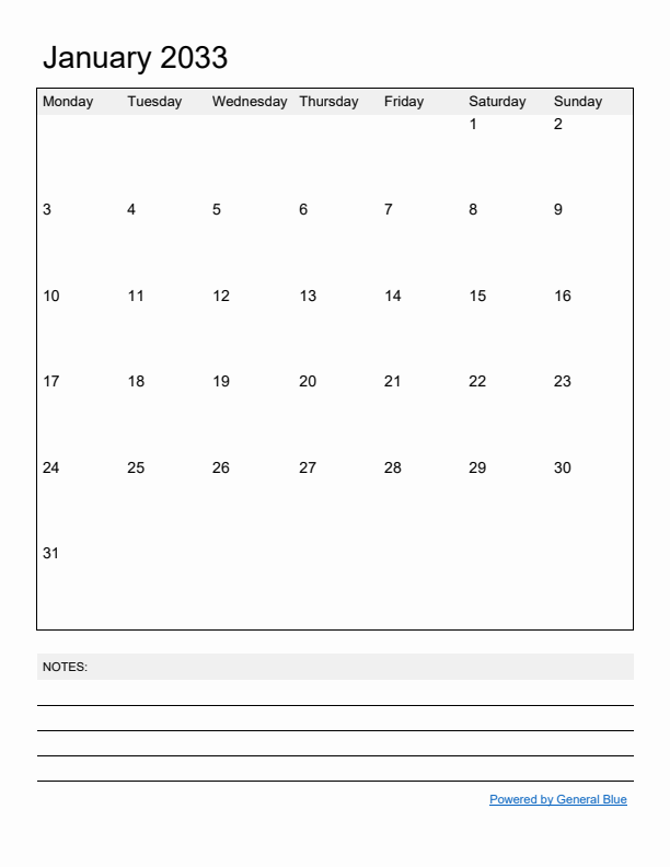 Basic Monthly Calendar Template for January 2033
