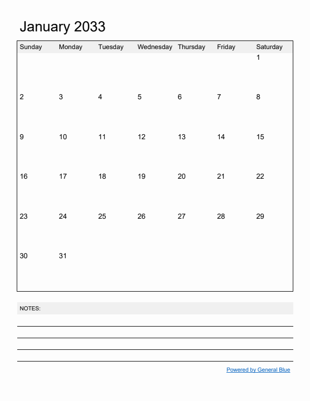 Basic Monthly Calendar Template for January 2033