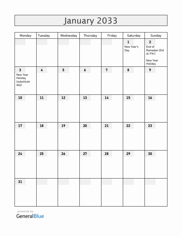Albania January 2033 Calendar with Holidays