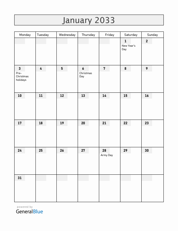 Armenia January 2033 Calendar with Holidays