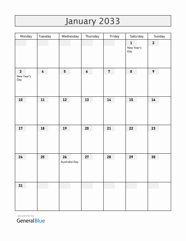 Australia January 2033 Calendar with Holidays