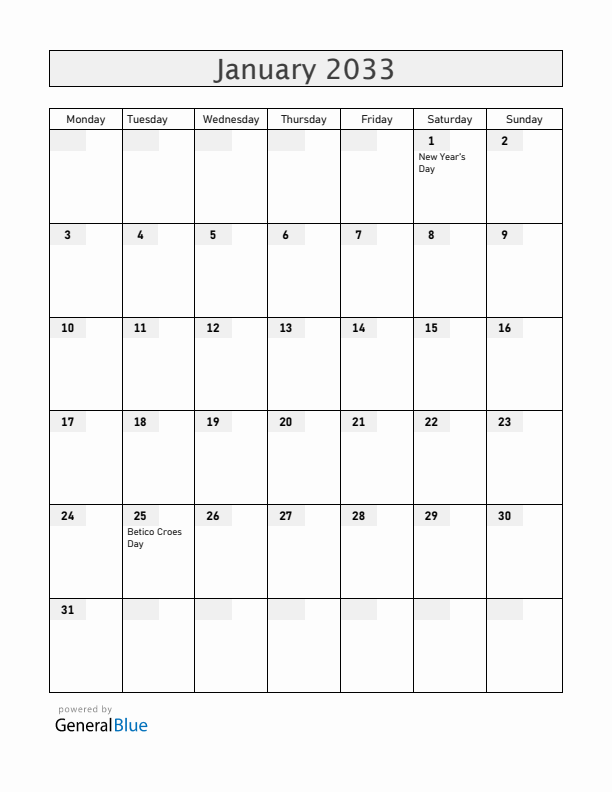 Aruba January 2033 Calendar with Holidays