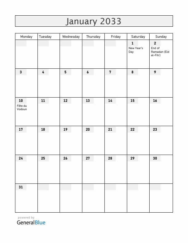 Benin January 2033 Calendar with Holidays