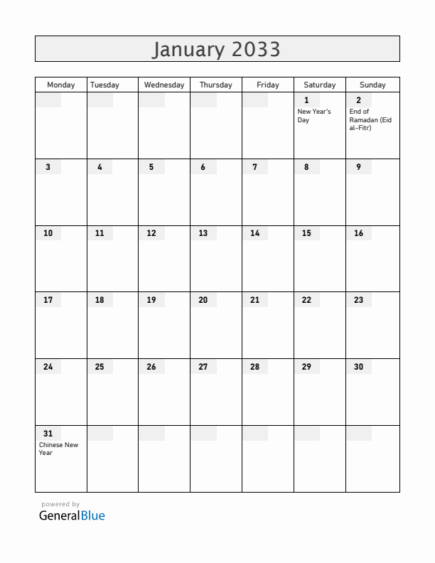 Brunei January 2033 Calendar with Holidays