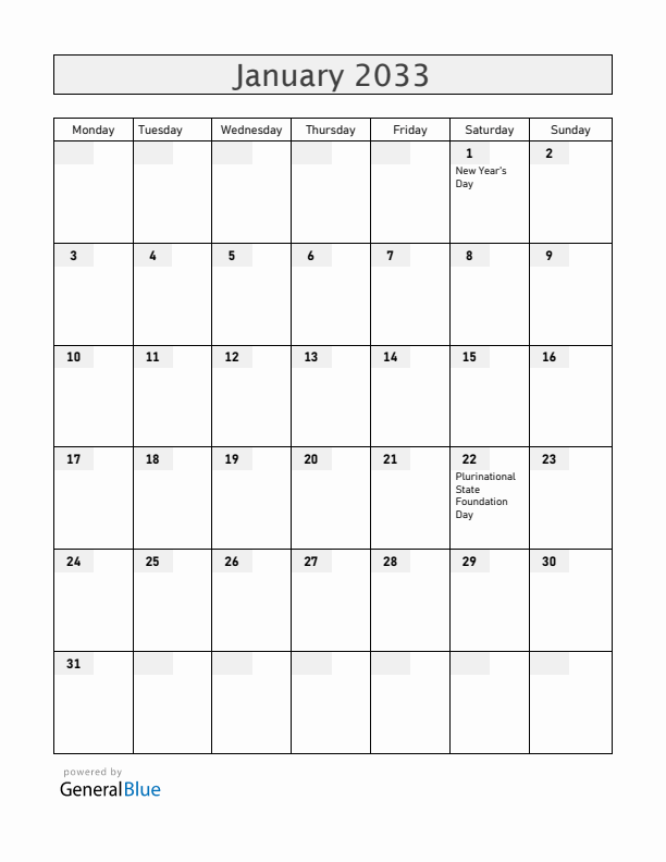 Bolivia January 2033 Calendar with Holidays