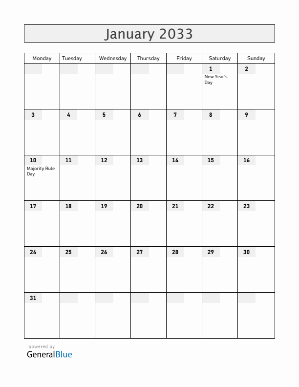 Bahamas January 2033 Calendar with Holidays