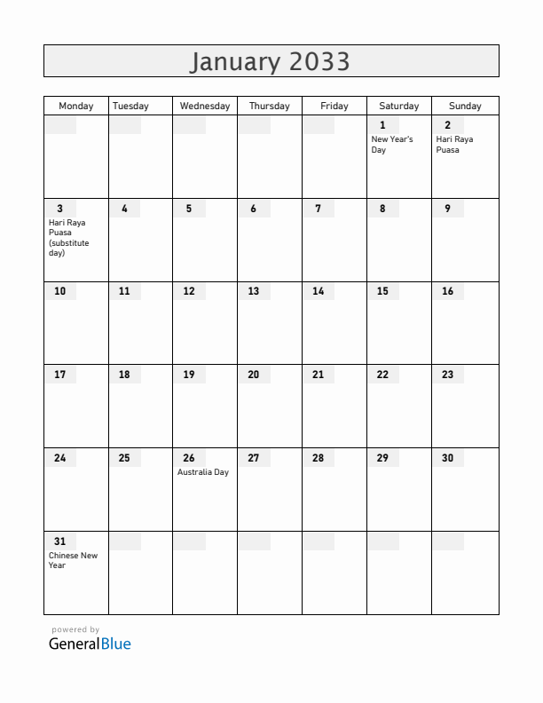 Cocos Islands January 2033 Calendar with Holidays