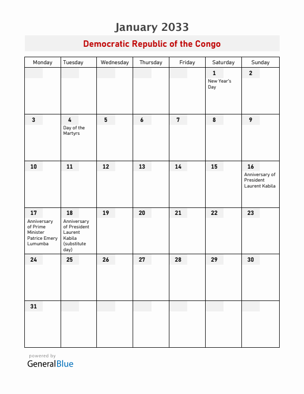 Democratic Republic of the Congo January 2033 Calendar with Holidays