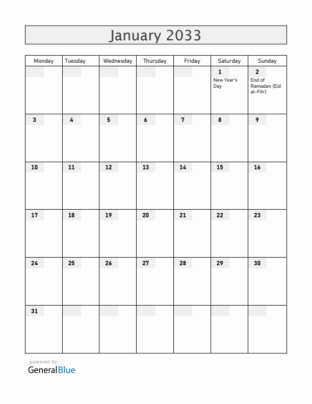 Central African Republic January 2033 Calendar with Holidays