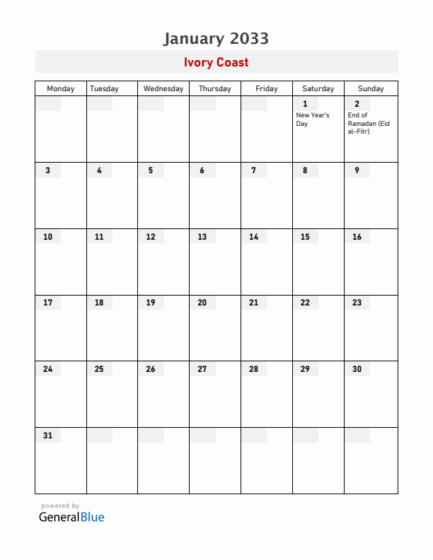 Ivory Coast January 2033 Calendar with Holidays