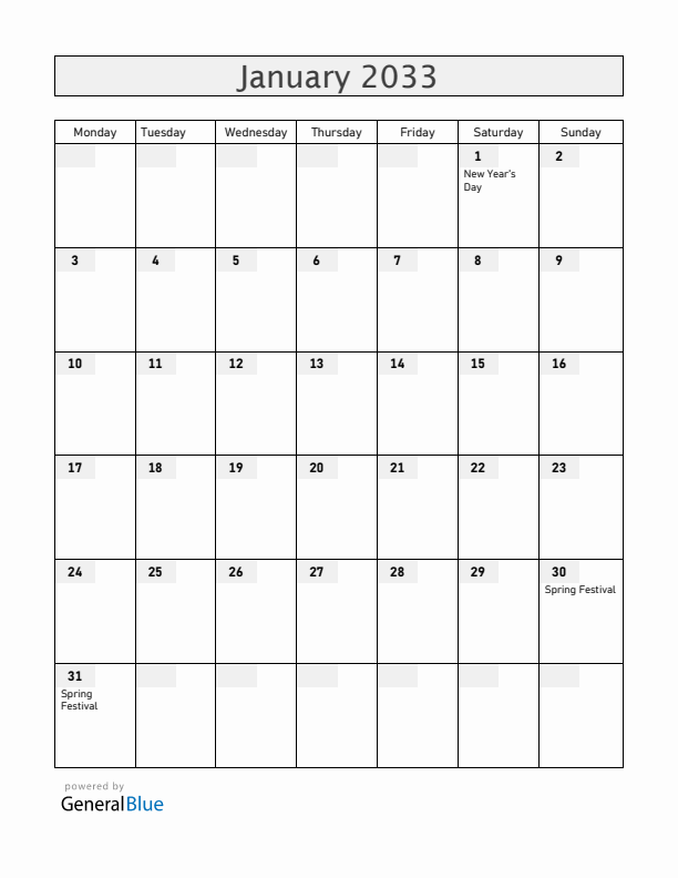 China January 2033 Calendar with Holidays