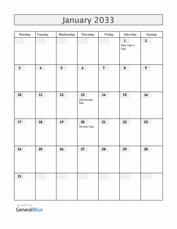 Cabo Verde January 2033 Calendar with Holidays