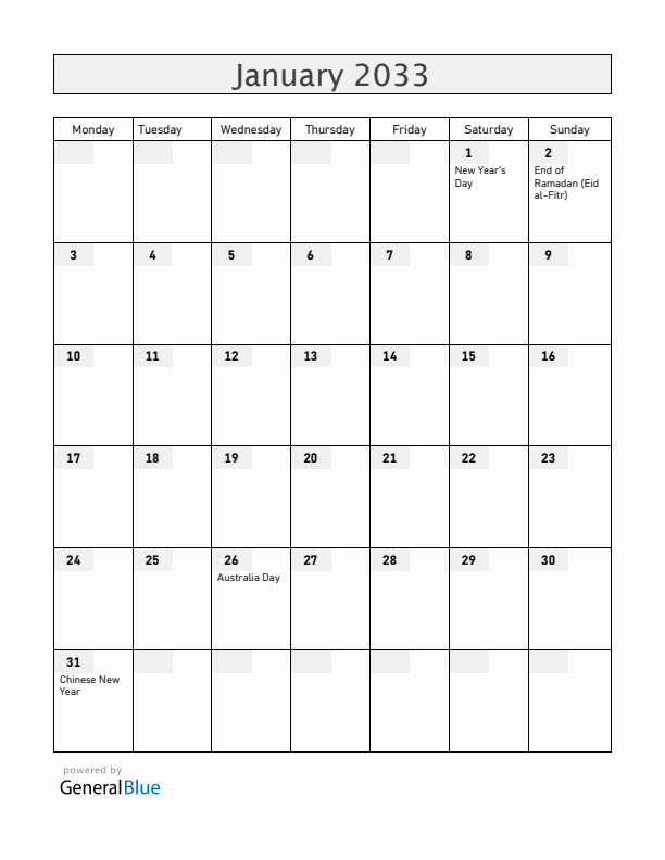 Christmas Island January 2033 Calendar with Holidays
